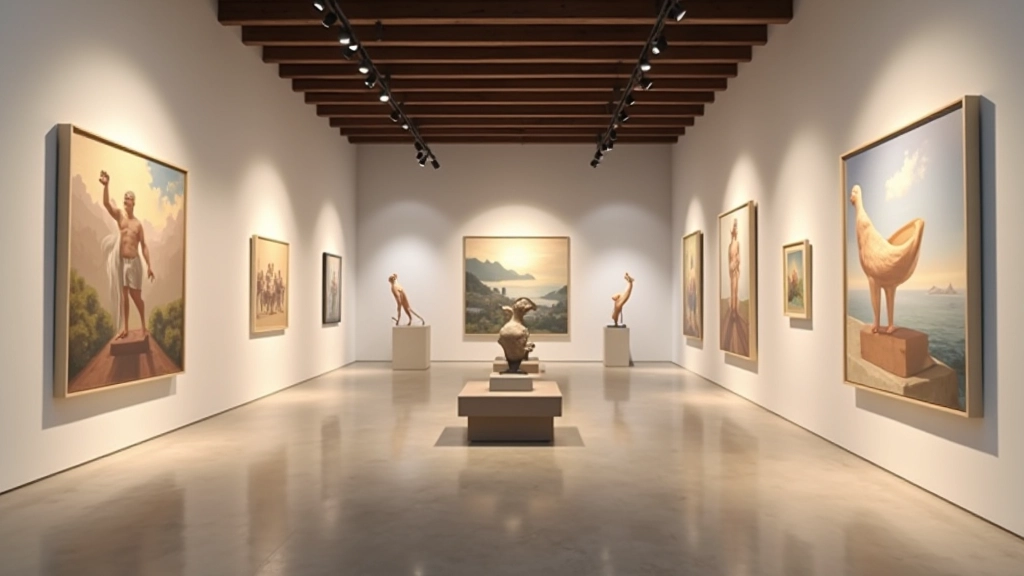 Galería de arte contemporáneo con obras destacadas en iluminación profesional